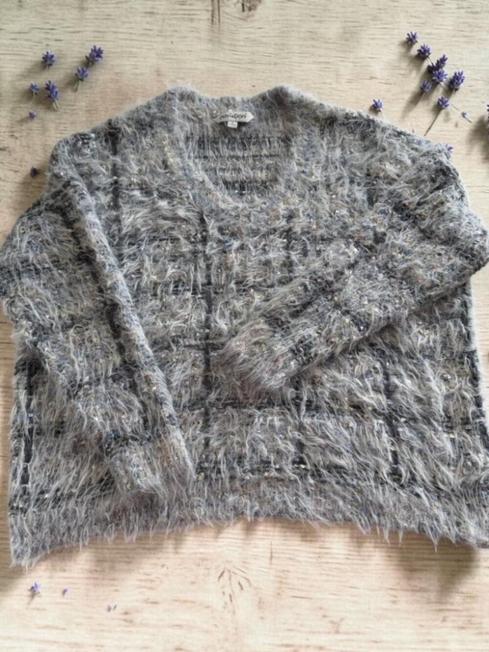 Davi & Dani Womens L Eyelash Knit Sweater Gray Fuzzy V Neck Pullover